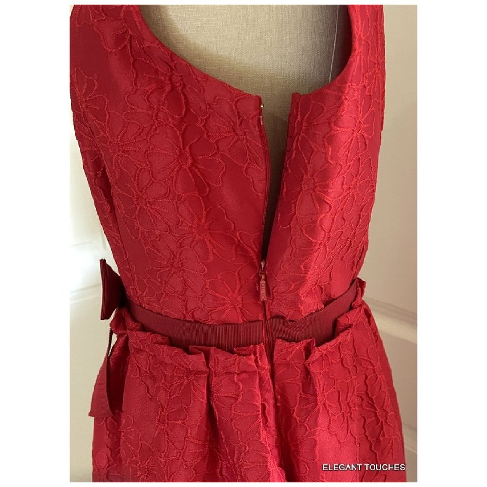 Carolina Herrera Red Bow Sleeveless Cocktail Dress 12 Ribbon Waist Floral Satin - Picture 8 of 14